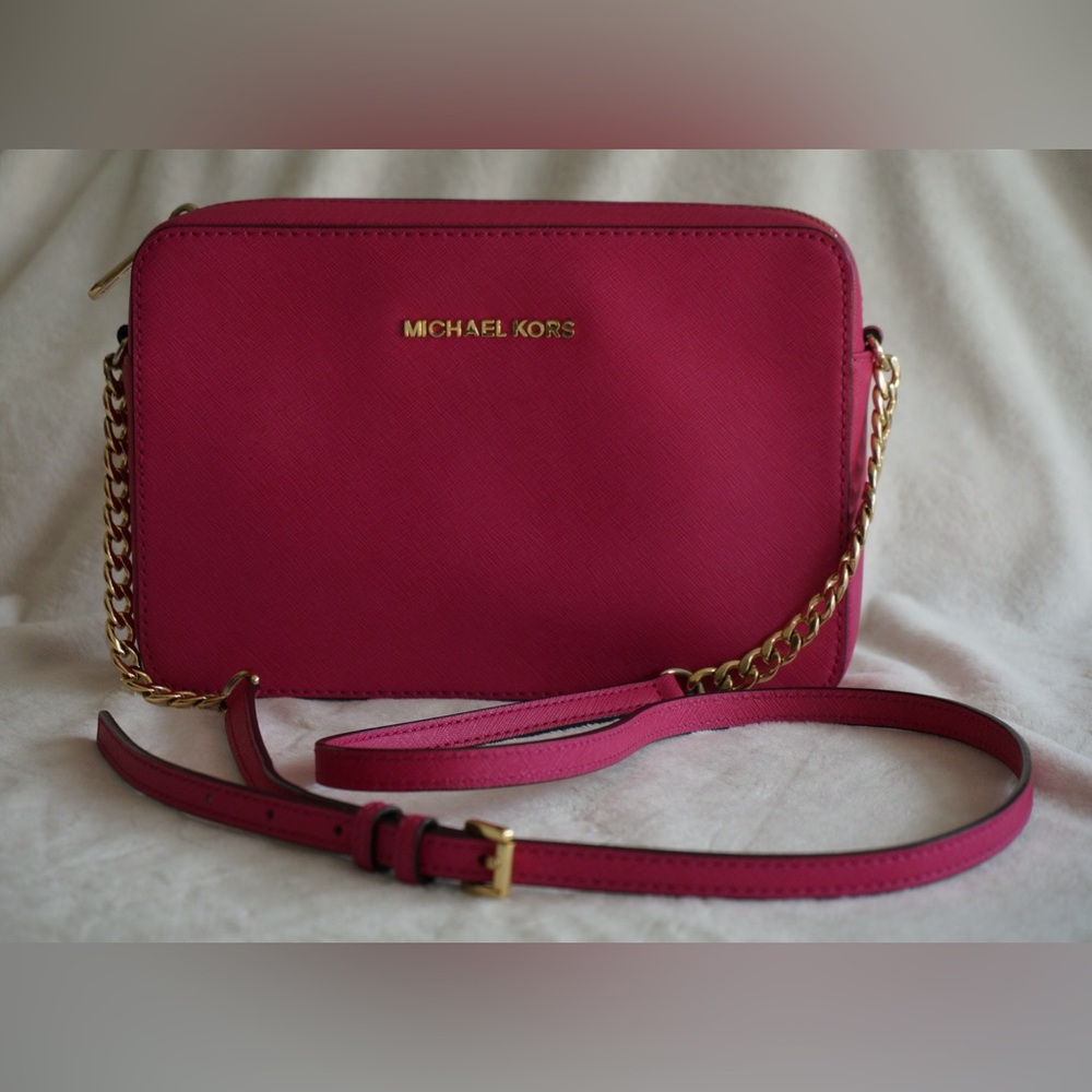 Michael Kors Pink Saffiano Leather Crossbody Bag with Gold Hardware
